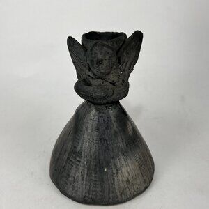 Vtg Oaxaca Mexico Black Clay Folk Art Angel Bell Candlestick Holder Primitive
